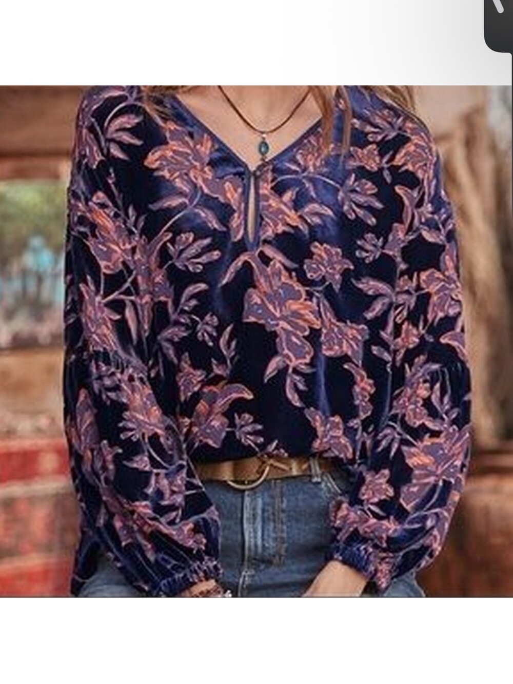 Women SUNDANCE Velvet Burnout Top Button Festival Blouse Shirt Floral-Large